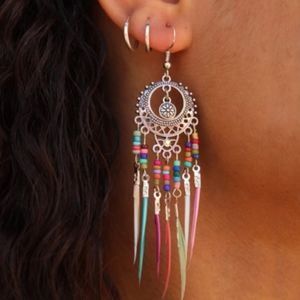 Boho chic rainbow feather hippie festival earrings